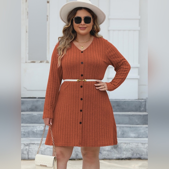 Plus Size Ribbed Buttoned V-Neck Long Sleeve Dress - Picture 2 of 4